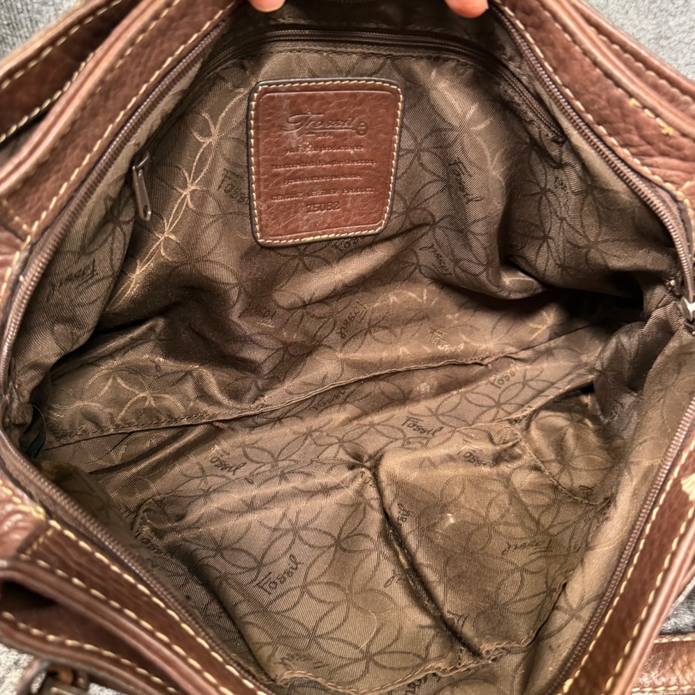 Vtg Y2K Fossil Satchel Bag Brown Pebbled Leather Top Handle Purse Key Charm EUC - Picture 5 of 15
